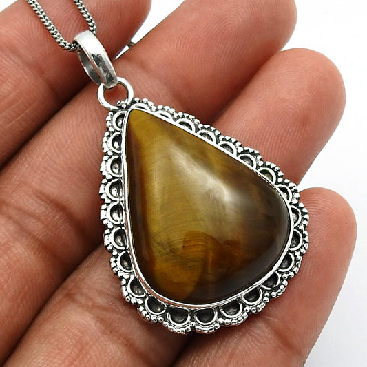 Birthday Gift Natural Tiger Eye Pendant Boho 925 Sterling Silver W10