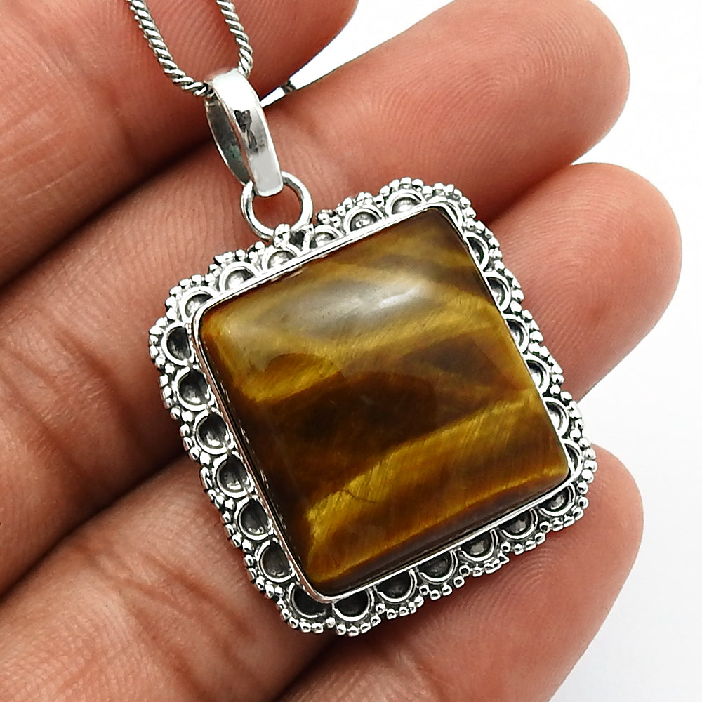 Natural Tiger Eye Gemstone 925 Sterling Silver Pendant Bohemian For Women X10