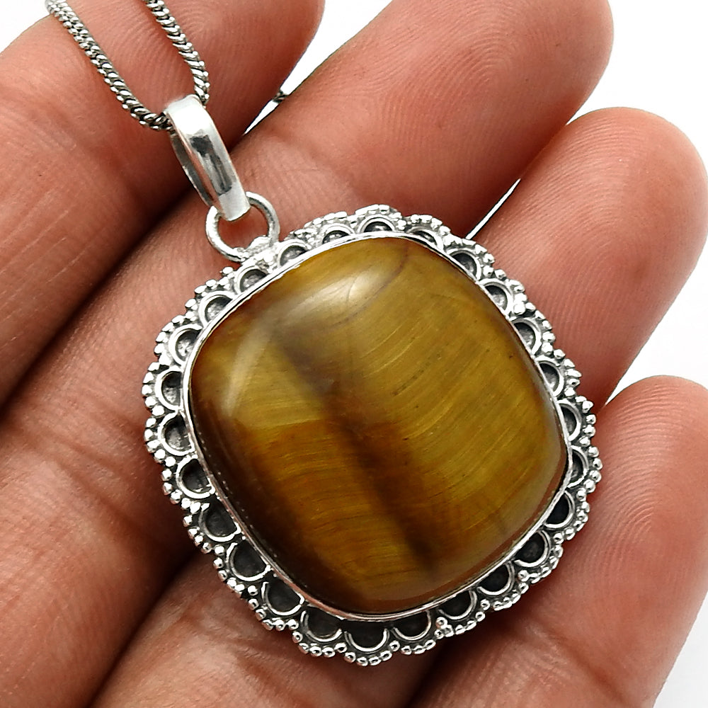 Wedding Gift For Her 925 Silver Natural Tiger Eye Gemstone Pendant Vintage V47