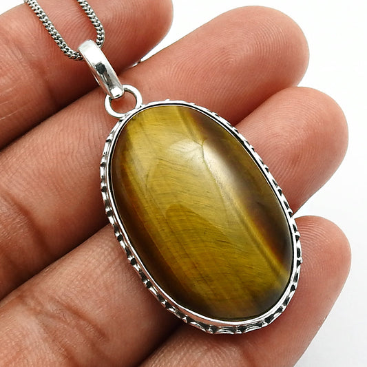 Natural Tiger Eye Gemstone Pendant Bohemian 925 Sterling Silver Jewelry Y10