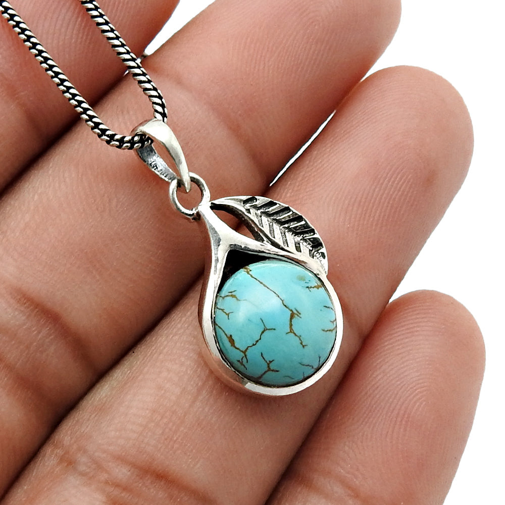 Gift For Her Natural Turquoise Gemstone Leaf Pendant Solid 925 Silver Jewelry