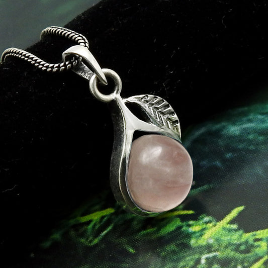 Round Rose Quartz Gemstone Bezel Leaf Anniversary Pendant Solid Sterling Silver