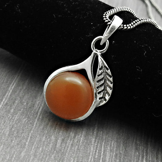 Carnelian Gemstone Solid Silver Bezel Leaf Birthday Sacral Chakra Wife Pendant