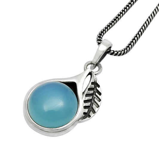 Natural Blue Chalcedony Gemstone 925 Sterling Silver Handmade Leaf Pendant Gift