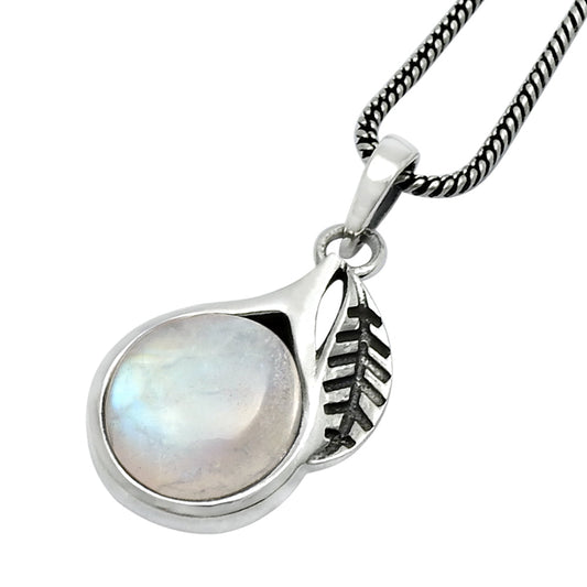 Natural Rainbow Moonstone 925 Silver Leaf Engagement Crown Chakra Bezel Pendant