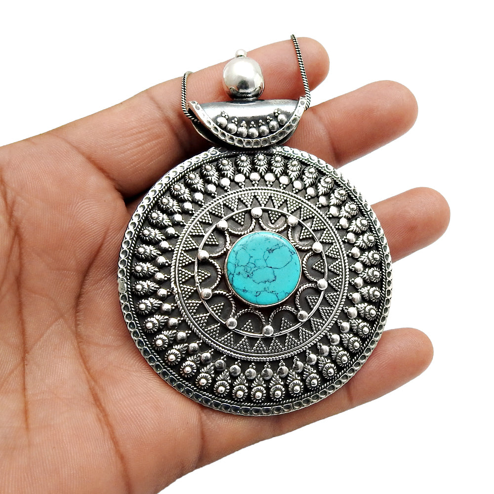 Natural Turquoise Gemstone Solid 925 Sterling Silver Artisan Pendant