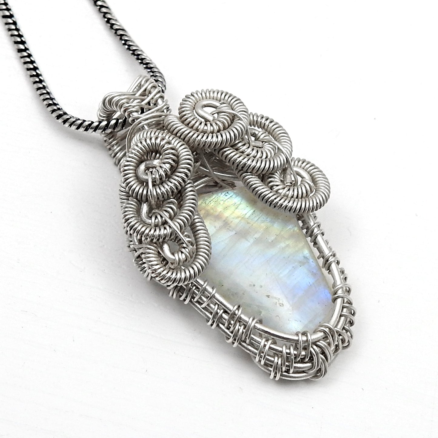 High Quality Natural Rainbow Moonstone 925 Sterling Silver Wire Wrapped Pendant