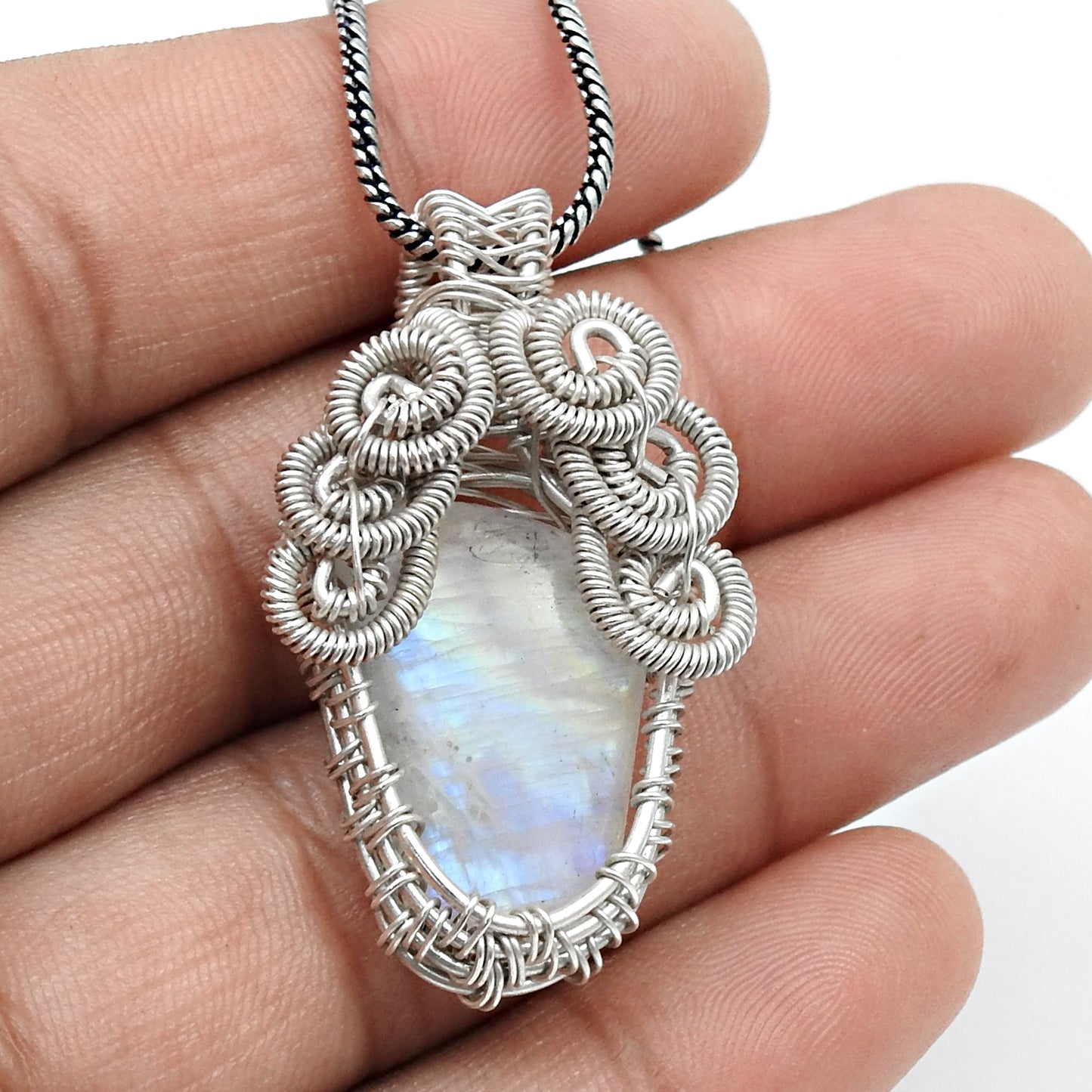 High Quality Natural Rainbow Moonstone 925 Sterling Silver Wire Wrapped Pendant