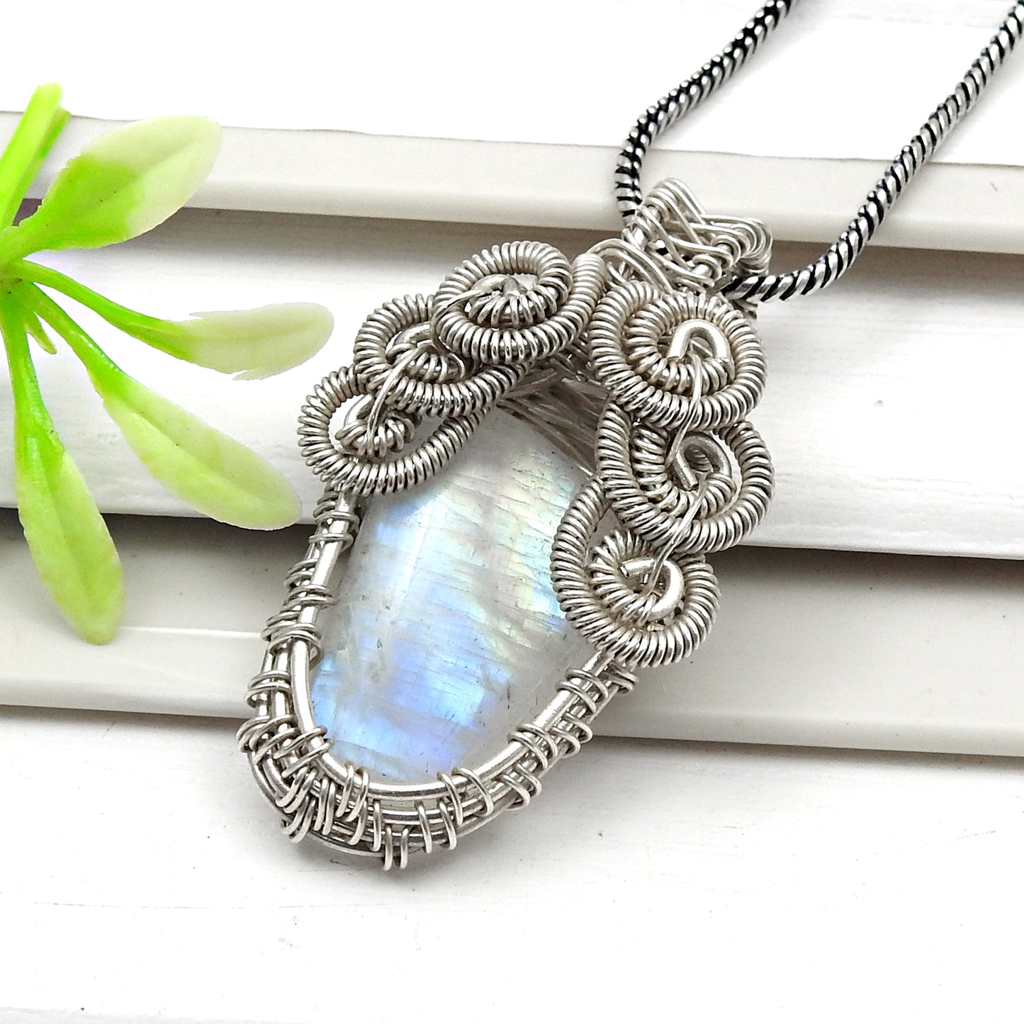 High Quality Natural Rainbow Moonstone 925 Sterling Silver Wire Wrapped Pendant