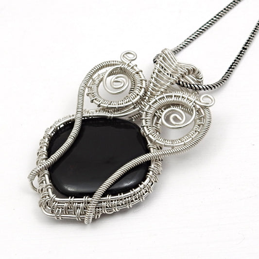 Natural Black Onyx 925 Sterling Silver Wire Wrapped Pendant