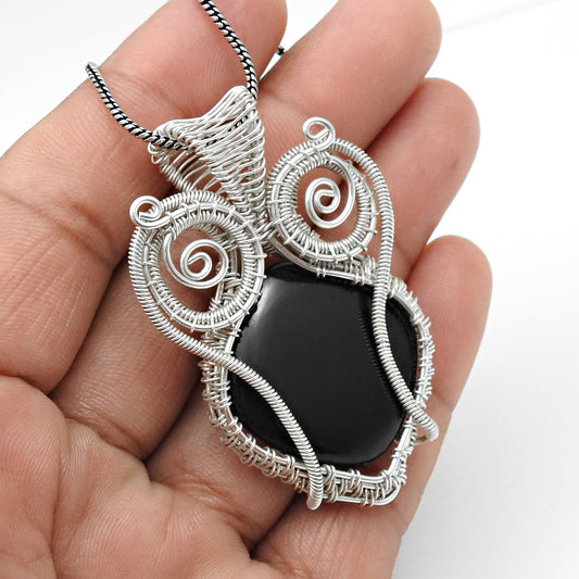 Natural Black Onyx 925 Sterling Silver Wire Wrapped Pendant