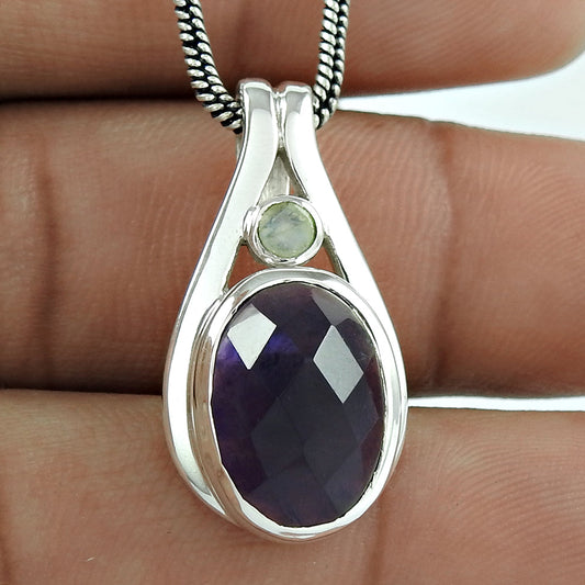 Birthday Gift 925 Silver Jewelry Amethyst Rainbow Moonstone Pendant RK63