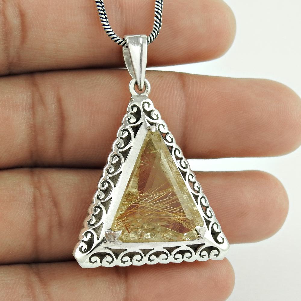 Trillion Golden Rutile Gemstone Solid Sterling Silver Daughter Pendant Jewelry