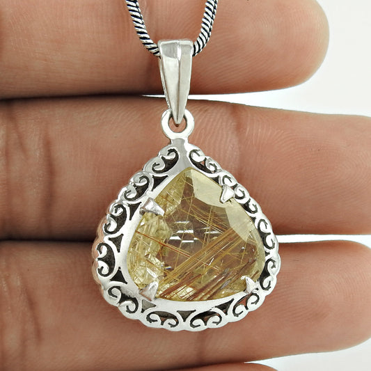 Natural Rutilated Quartz Gemstone Pendant Boho 925 Sterling Silver For Women C19