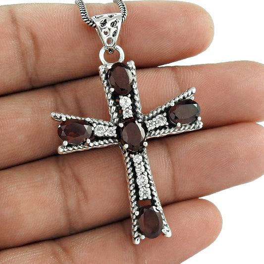 Natural Garnet Gemstone Pendant Cross Red 925 Sterling Silver Indian Jewelry U13