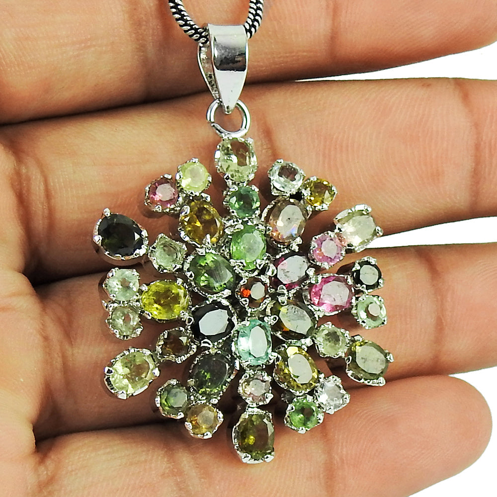 Natural Tourmaline Gemstone 925 Sterling Silver Pendant Tribal For Girls Z13