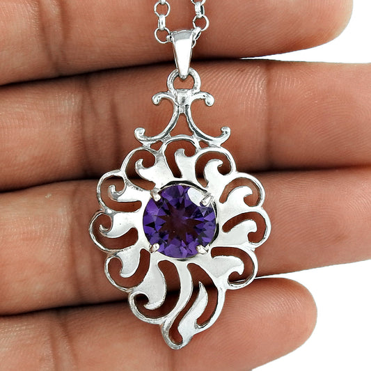 Birthday Gift Natural Amethyst Gemstone Pendant Ethnic 925 Silver H14