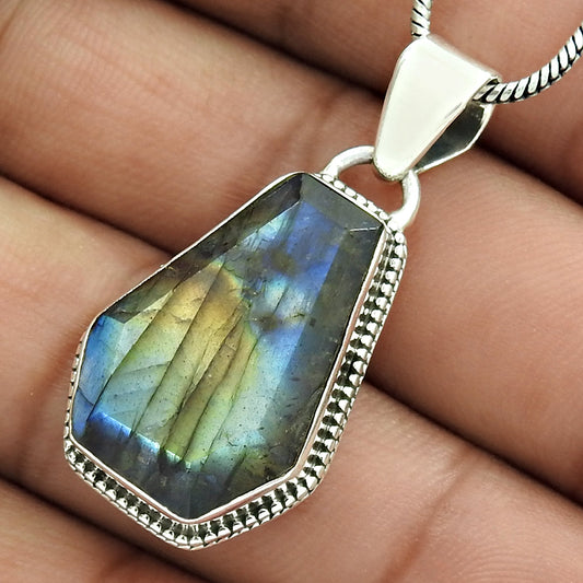 Labradorite Stone Sisters Day Birthday Coffin Wife Pendant Solid Sterling Silver