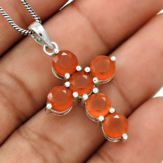 Round Natural Carnelian Sterling Silver Wedding Cross Anniversary Boho Pendant