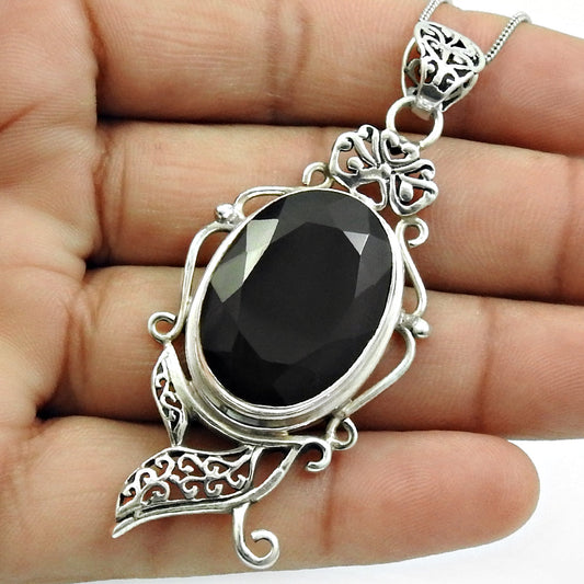 August Birth Natural Black Onyx Sisters Day Ethnic Artisan Pendant 925 Sterling Silver