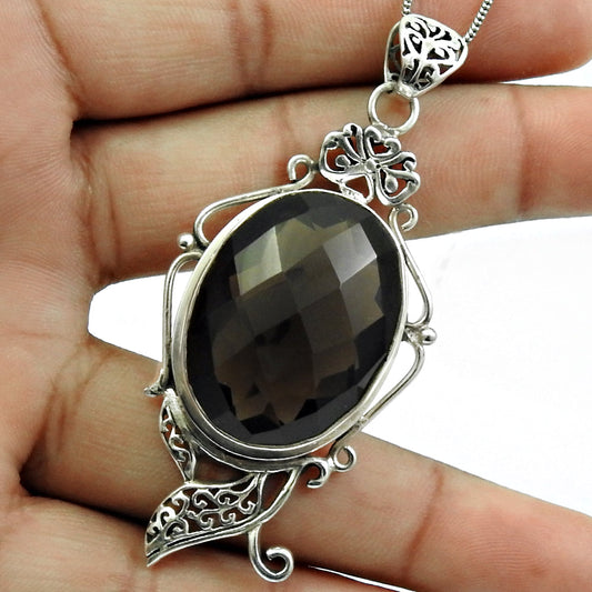 Natural Smoky Quartz Gemstone Pendant Antique Look 925 Silver For Women M15