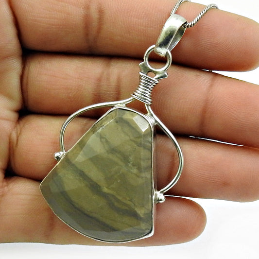 Natural Desert Jasper Gemstone Pendant Ethnic Gray 925 Sterling Silver N7