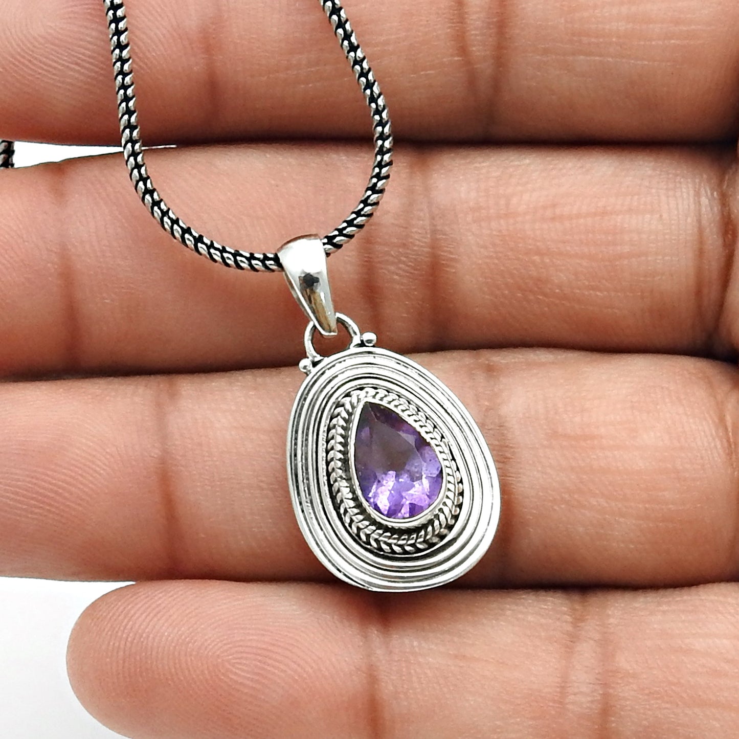 Pear February Amethyst Gemstone 925 Solid Silver Birthday Mother Bezel Pendant