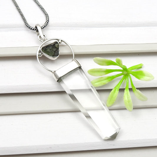 Natural Moldavite Crystal 925 Sterling Silver Pencil Pendant Jewelry