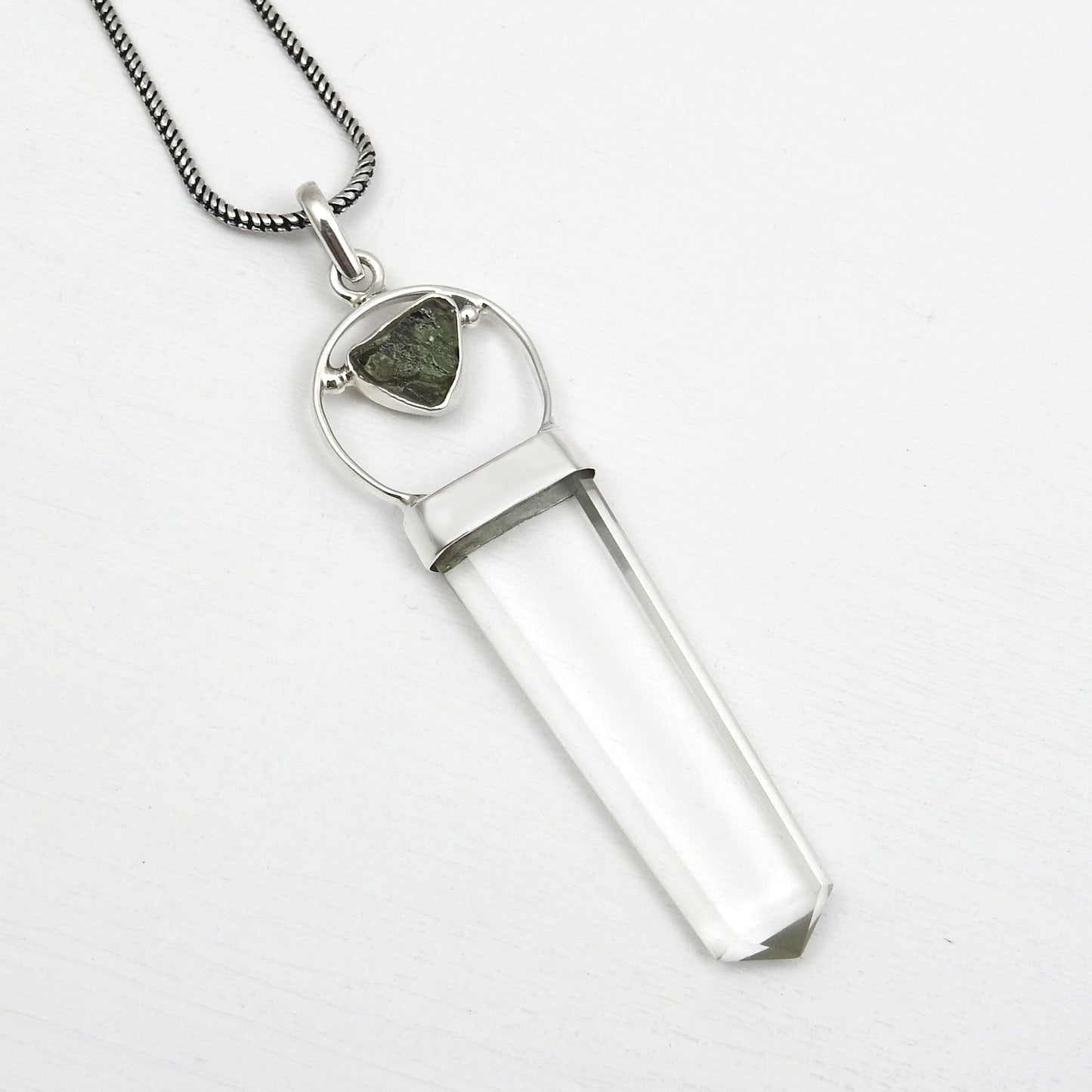 Natural Moldavite Crystal 925 Sterling Silver Pencil Pendant Jewelry