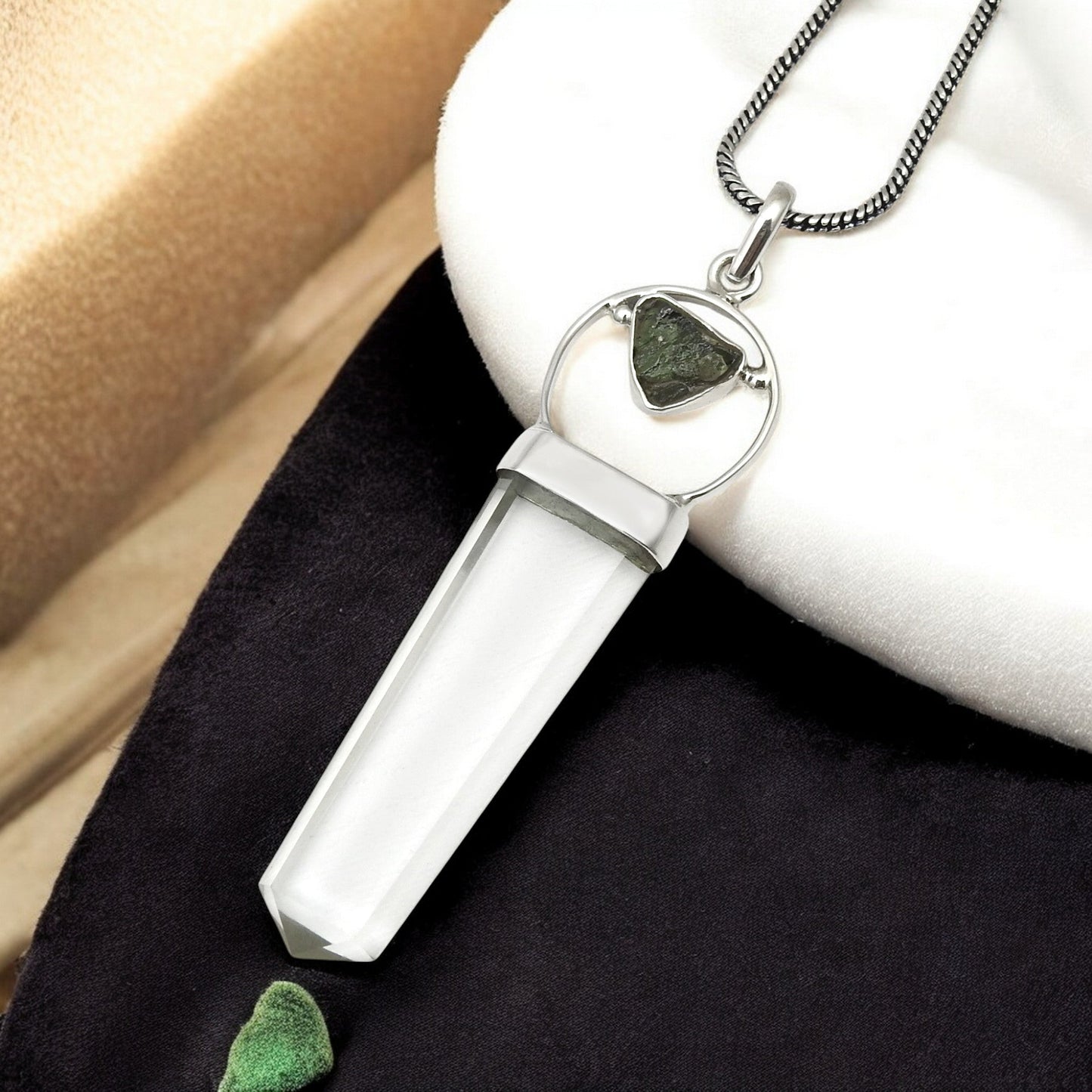 Natural Moldavite Crystal 925 Sterling Silver Pencil Pendant Jewelry