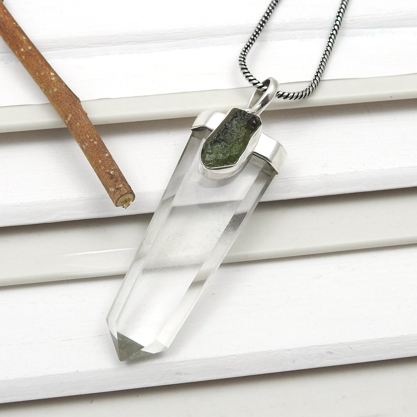 925 Silver Natural Moldavite Pencil Crystal Pendant Jewelry