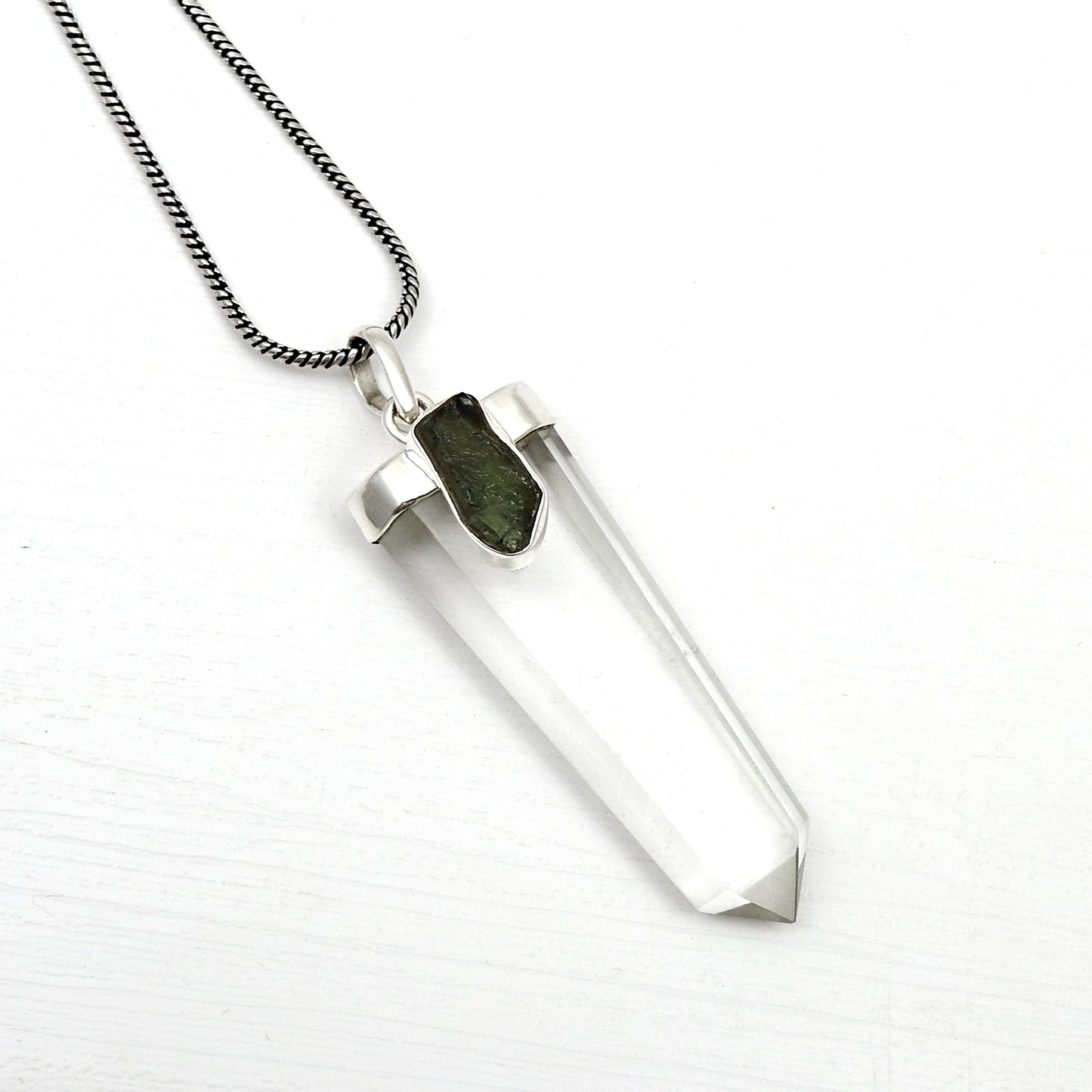 925 Silver Natural Moldavite Pencil Crystal Pendant Jewelry