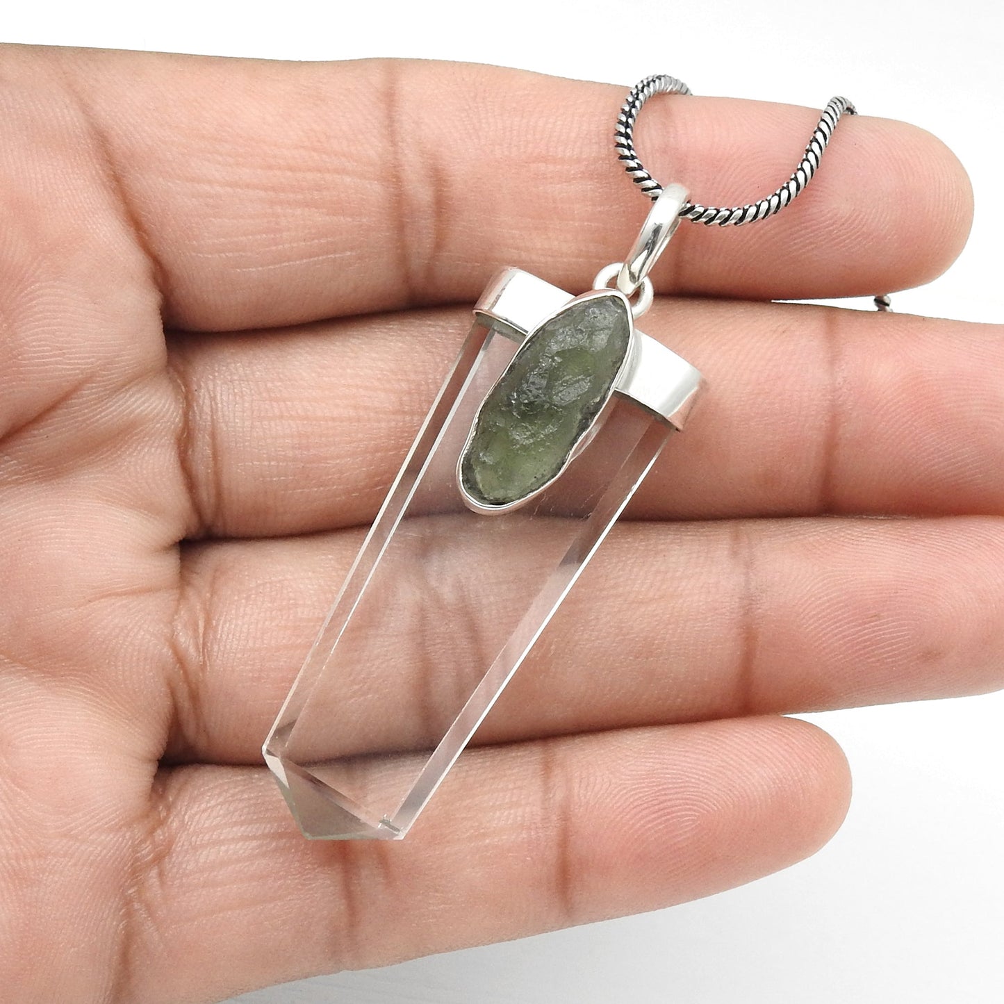 Solid 925 Silver Natural Moldavite Pencil Crystal Pendant Jewelry