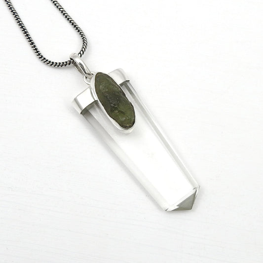 Solid 925 Silver Natural Moldavite Pencil Crystal Pendant Jewelry