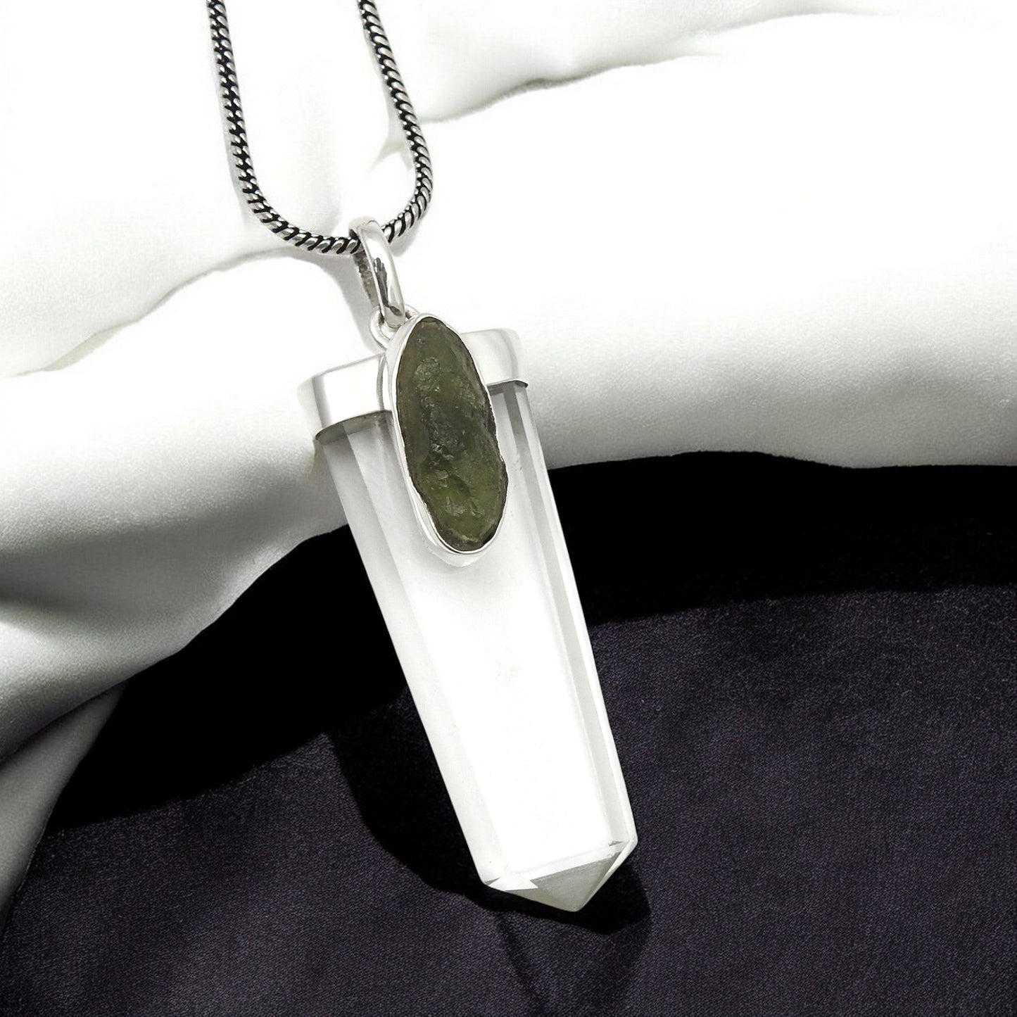 Solid 925 Silver Natural Moldavite Pencil Crystal Pendant Jewelry