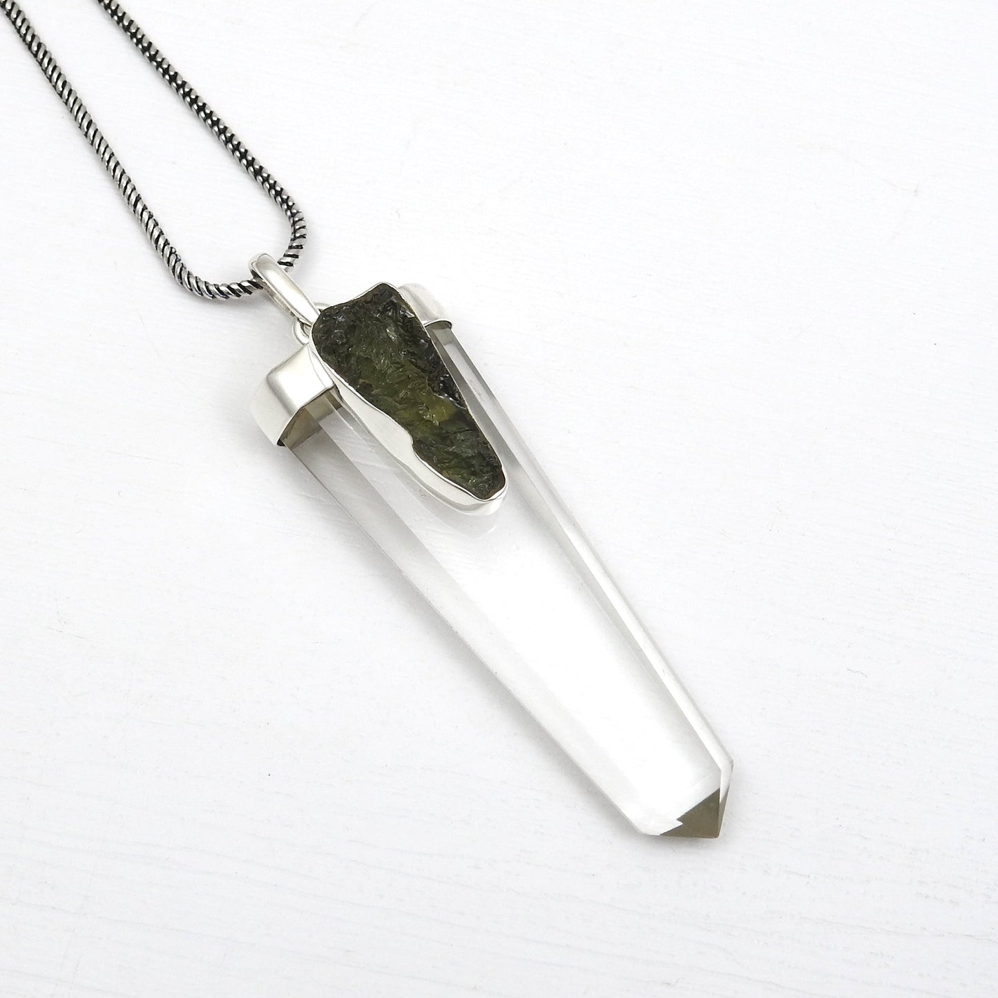 Solid 925 Silver Natural Moldavite Pencil Crystal Pendant