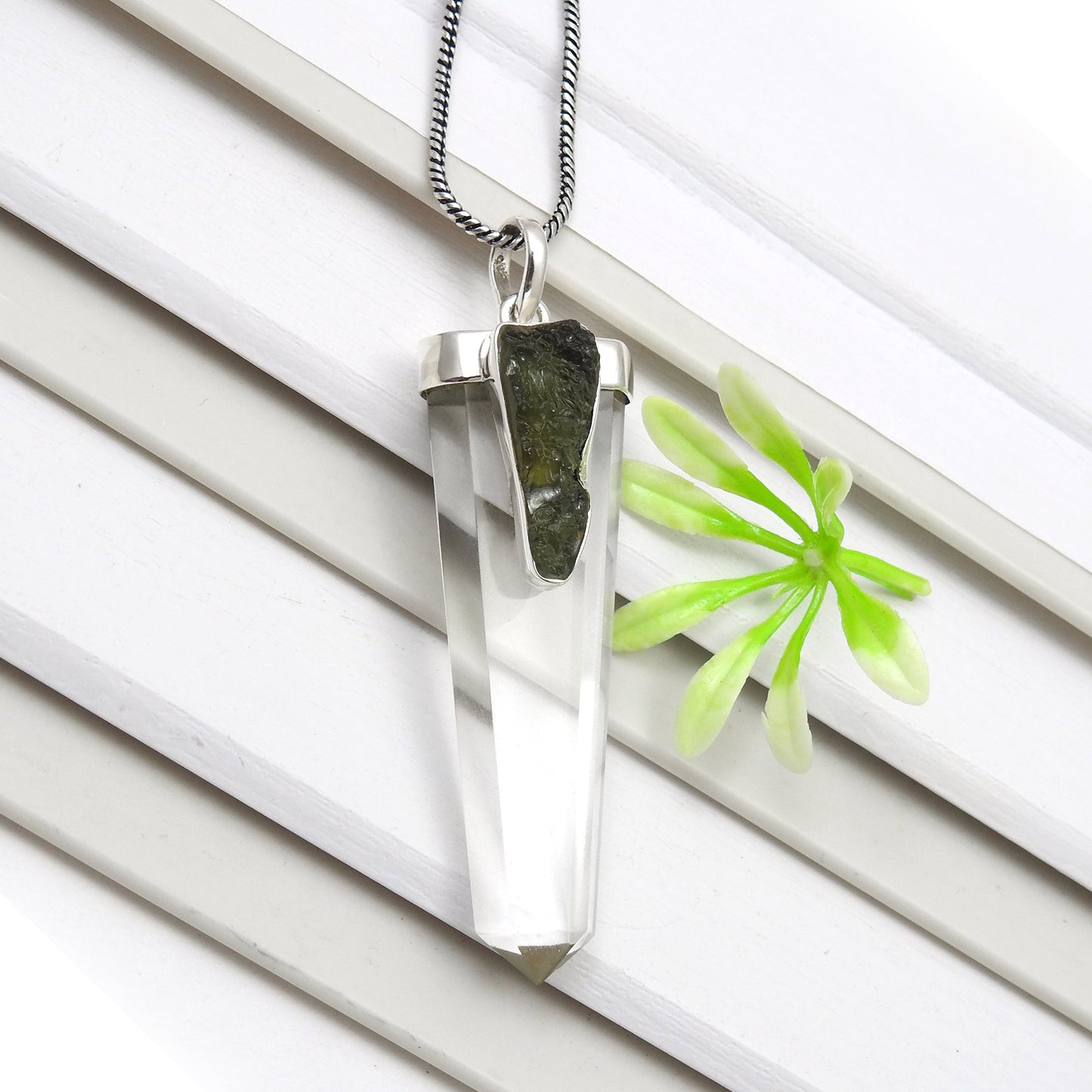 Solid 925 Silver Natural Moldavite Pencil Crystal Pendant