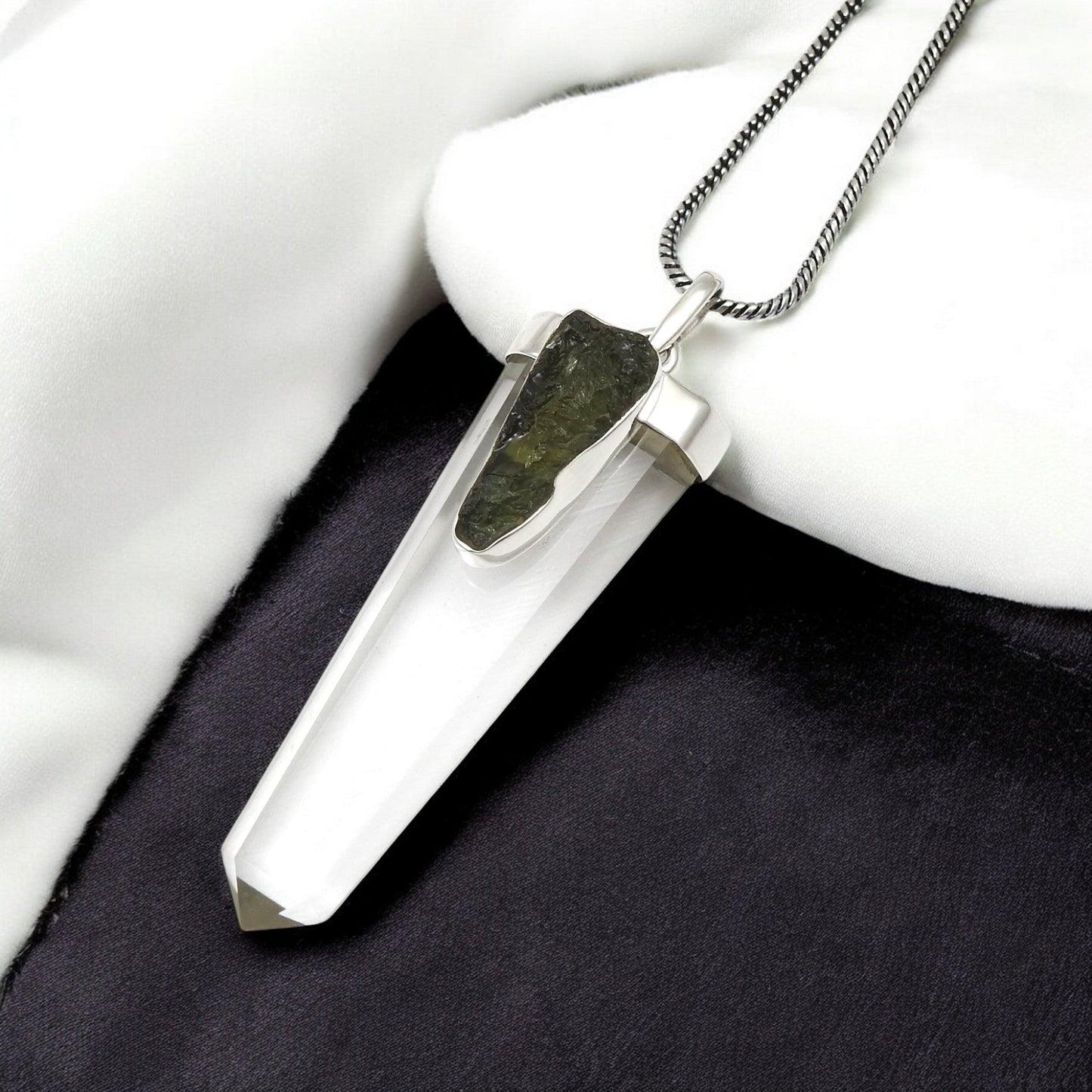 Solid 925 Silver Natural Moldavite Pencil Crystal Pendant