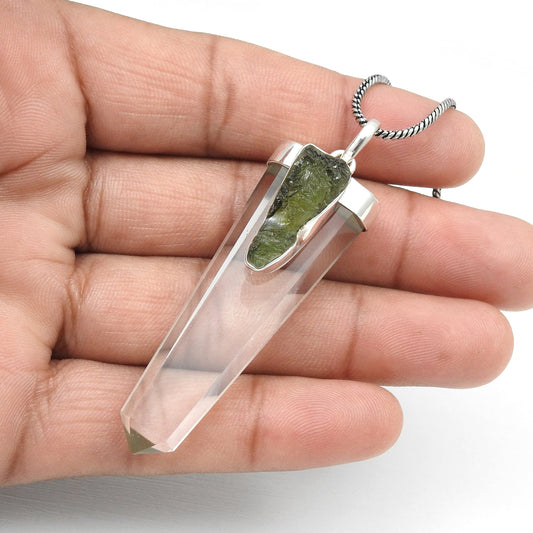 Solid 925 Silver Natural Moldavite Pencil Crystal Pendant