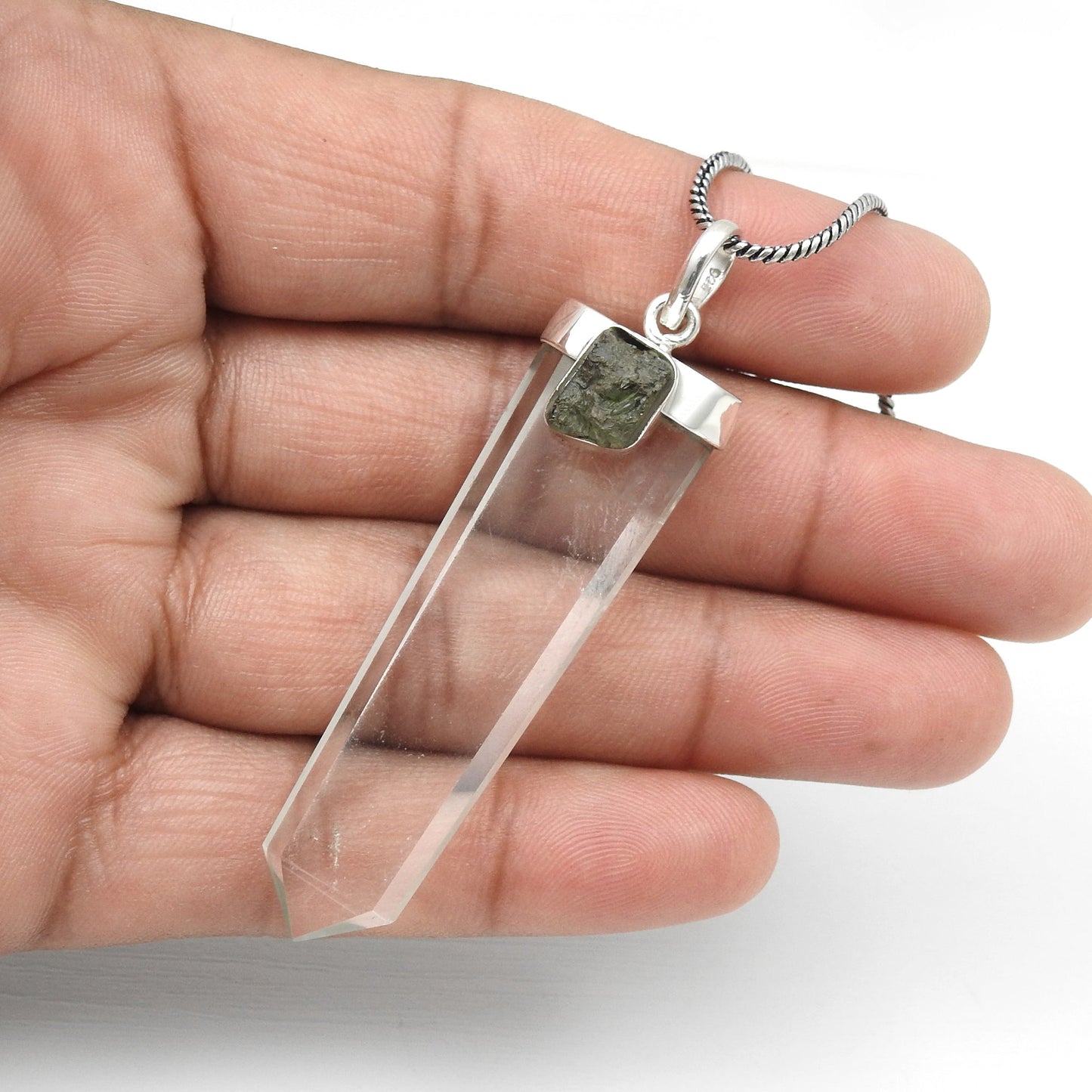 925 Sterling Silver Crystal Natural Moldavite Pencil Pendant