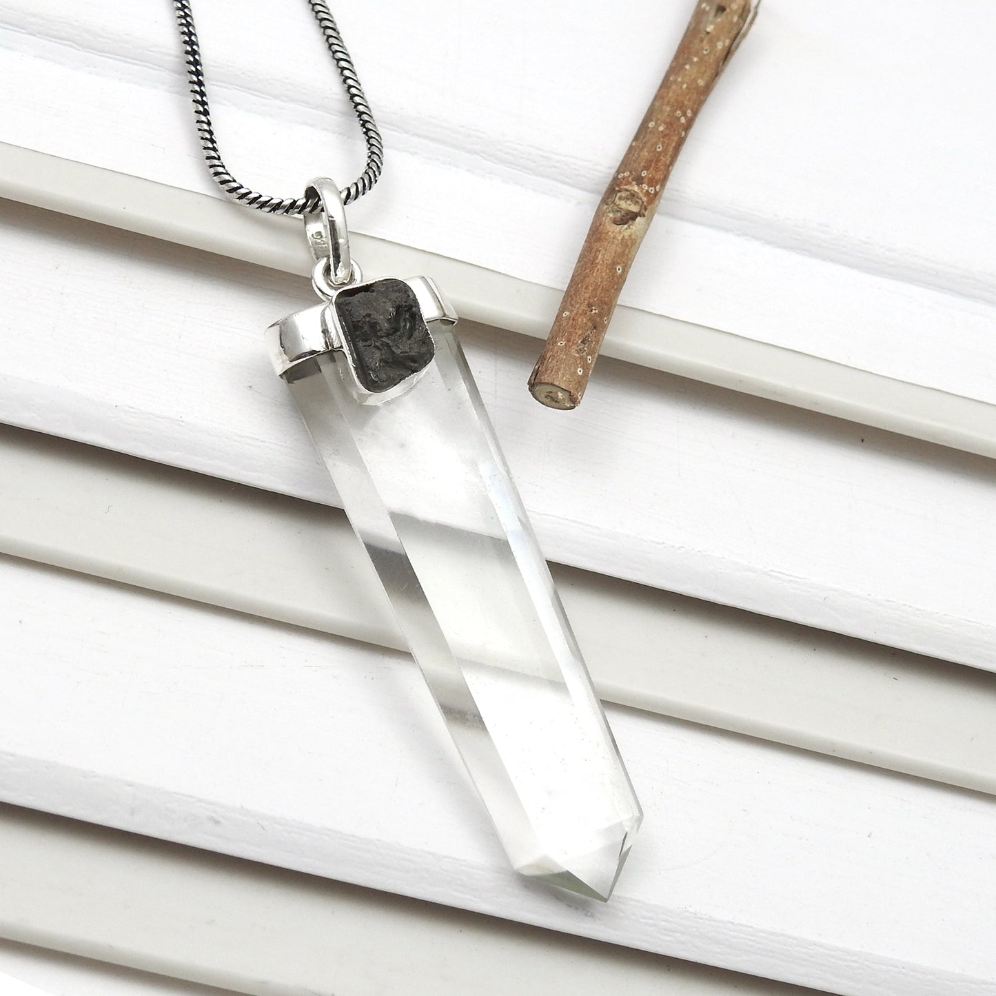 925 Sterling Silver Crystal Natural Moldavite Pencil Pendant