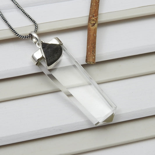 Solid 925 Sterling Silver Crystal Natural Moldavite Pencil Pendant