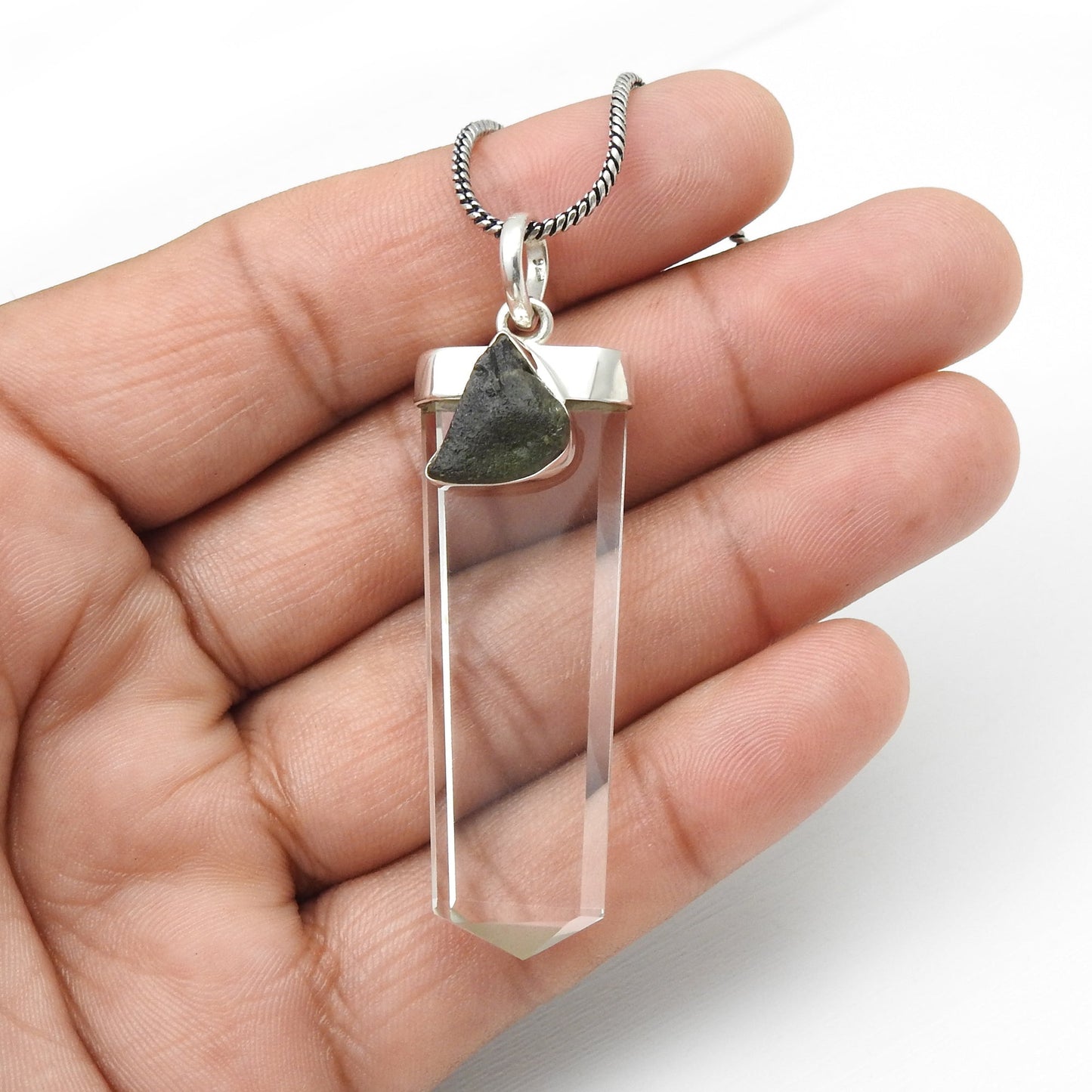 Solid 925 Sterling Silver Crystal Natural Moldavite Pencil Pendant