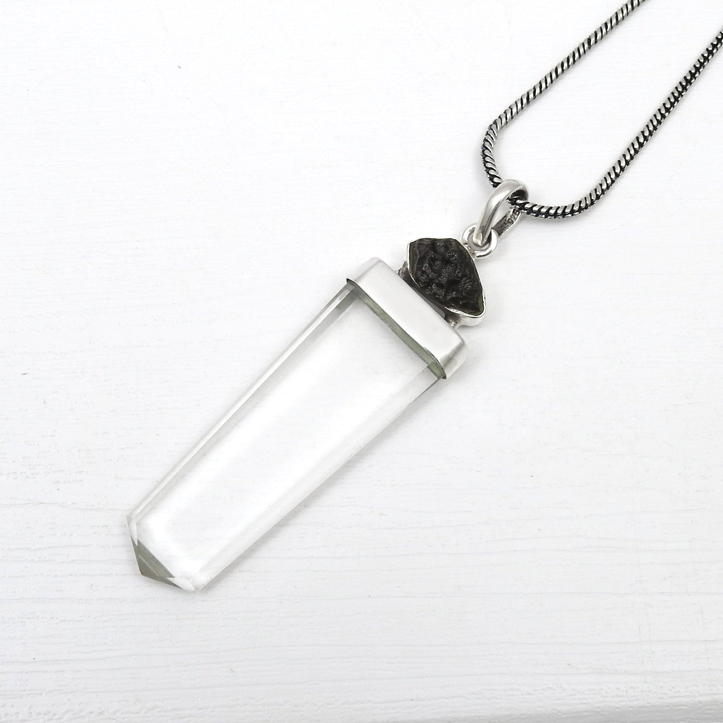 Solid 925 Silver Crystal Natural Moldavite Pencil Pendant