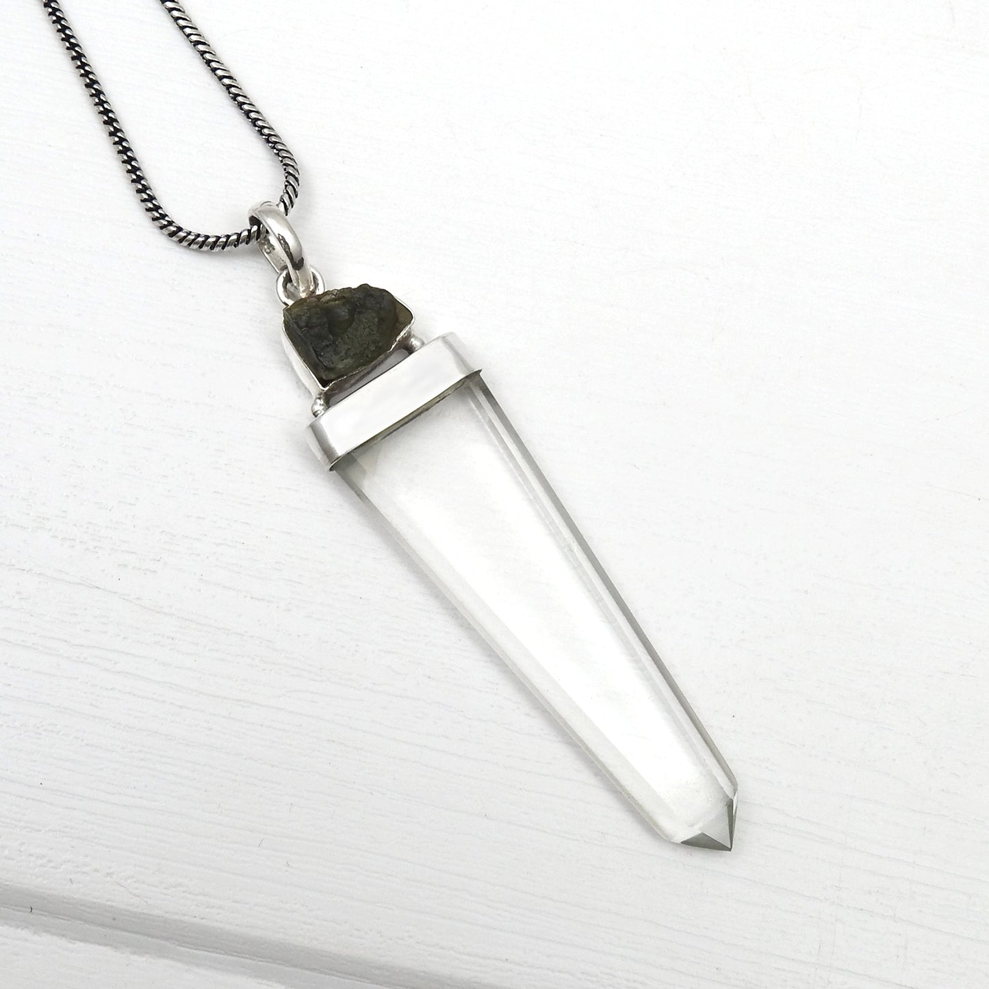 Natural Crystal Moldavite 925 Sterling Silver Pencil Pendant