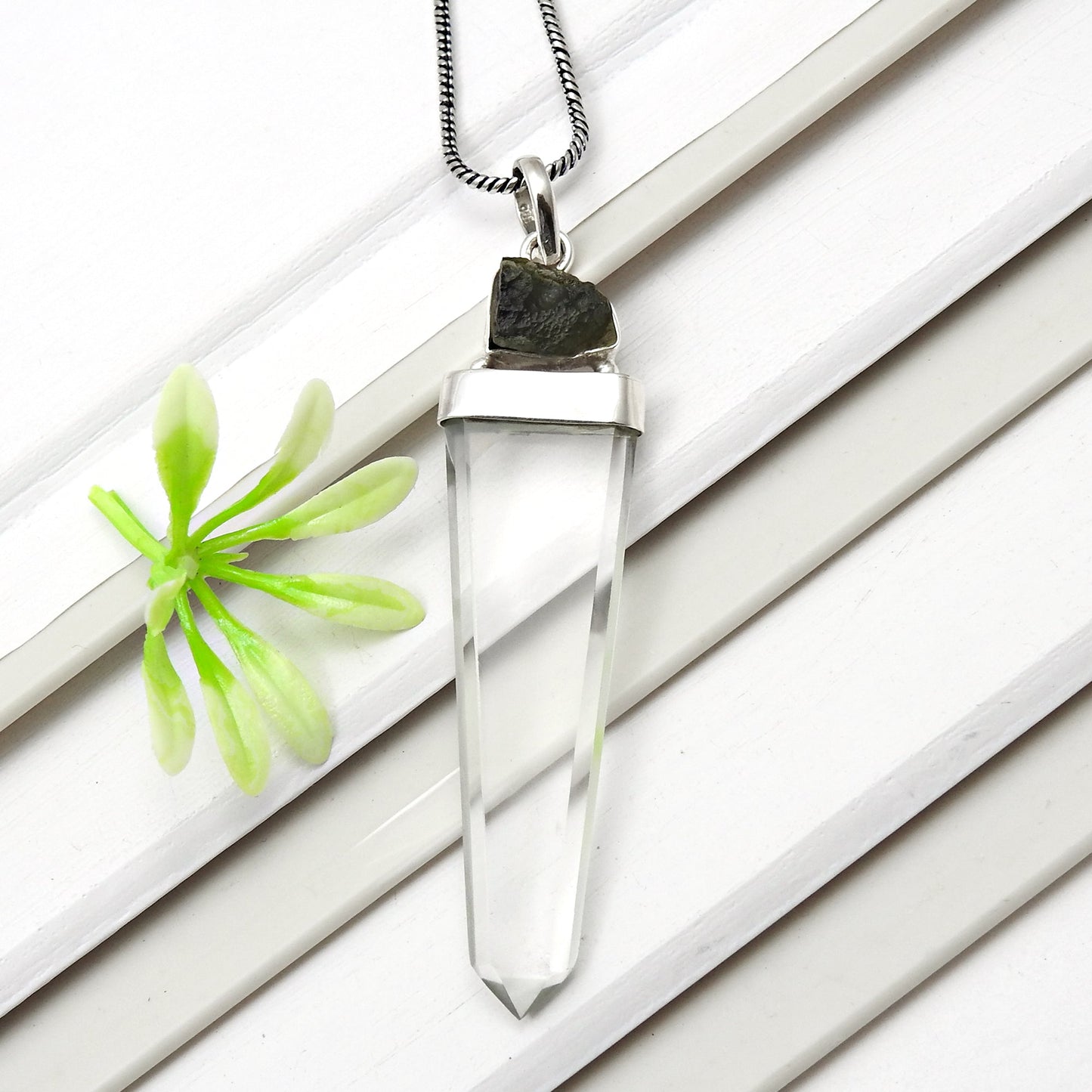 Natural Crystal Moldavite 925 Sterling Silver Pencil Pendant