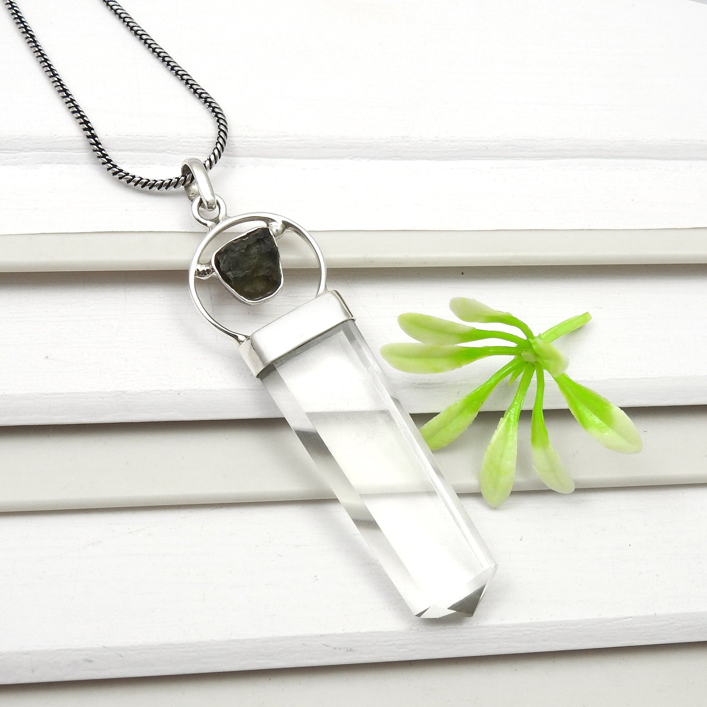 Natural Crystal Moldavite 925 Sterling Silver Pencil Pendant Jewelry