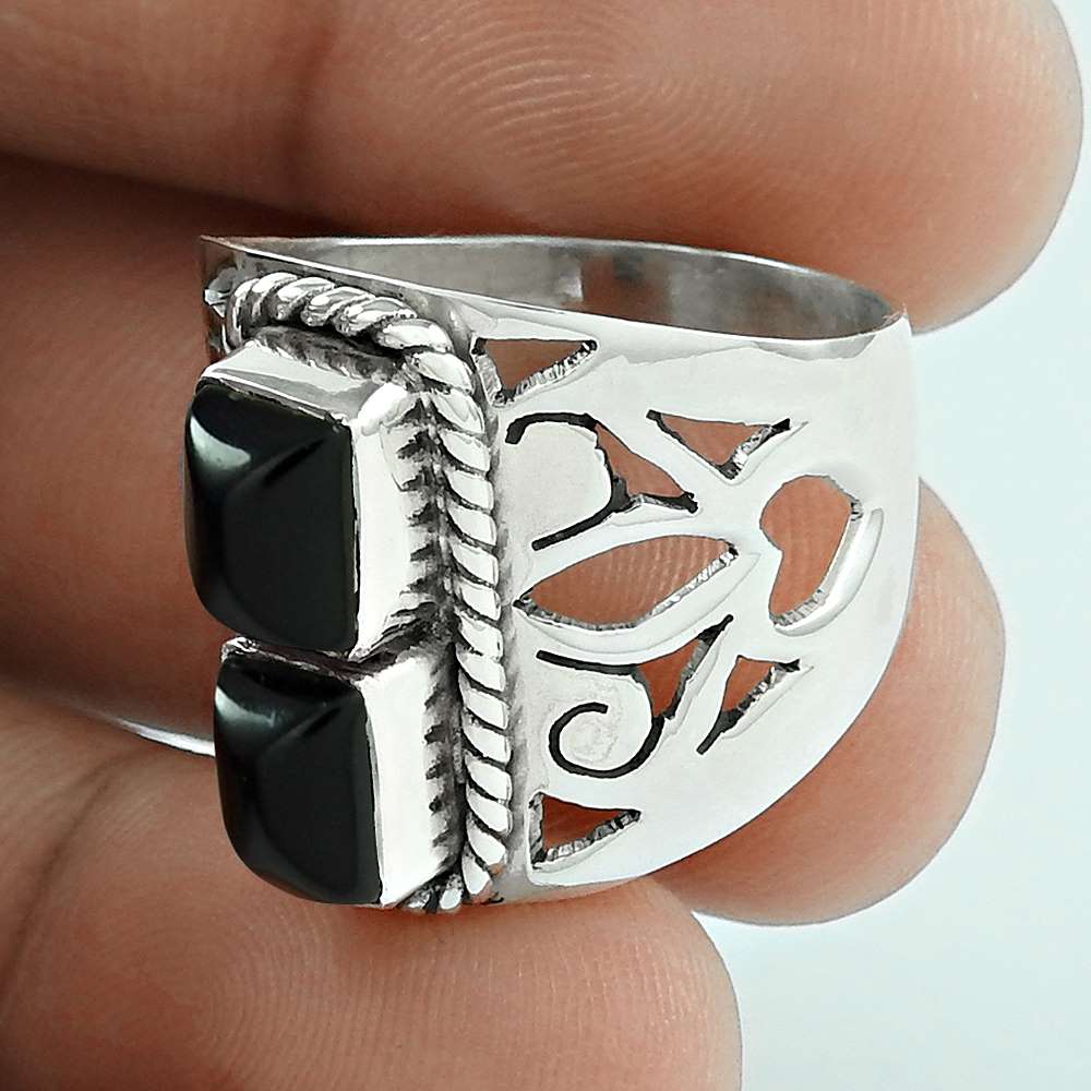 Gift For Woman Natural Black Onyx Statement Tribal Ring 925 Silver F5