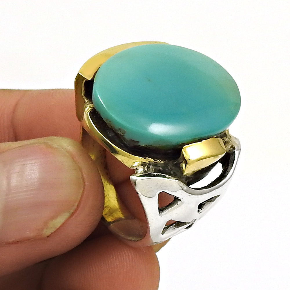 Natural Turquoise Gemstone Gold Plated 925 Silver Art Deco Ring