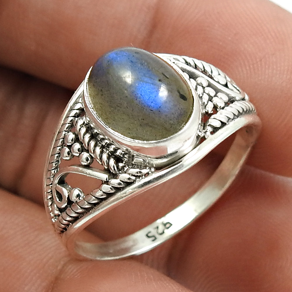 Natural Labradorite Gemstone Cocktail Vintage Ring 925 Silver